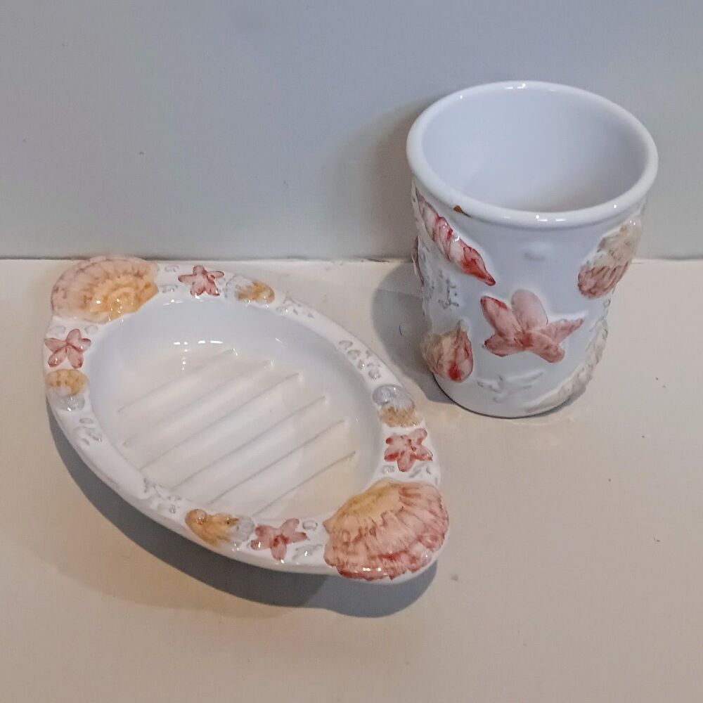 Portugal Ceramic/Terracotta Seashell Bathroom Set-Tumbler/Soap Dish-Nautical